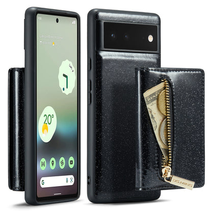 DG.MING M3 Series For Google Pixel 6a Glitter Bling Powder PU Leather Anti-scratch Magnetic Phone Cover PC+TPU Kickstand Zipper Pocket Wallet Smartphone Case