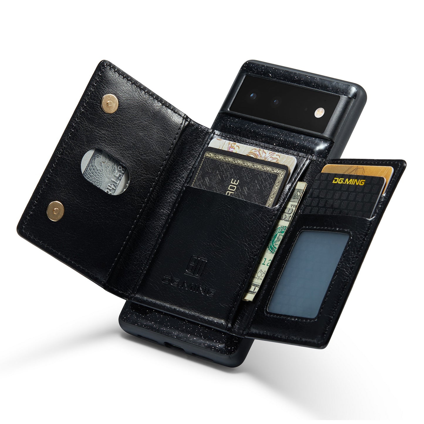 DG.MING M3 Series For Google Pixel 6a Glitter Bling Powder PU Leather Anti-scratch Magnetic Phone Cover PC+TPU Kickstand Zipper Pocket Wallet Smartphone Case