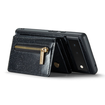 DG.MING M3 Series For Google Pixel 6a Glitter Bling Powder PU Leather Anti-scratch Magnetic Phone Cover PC+TPU Kickstand Zipper Pocket Wallet Smartphone Case