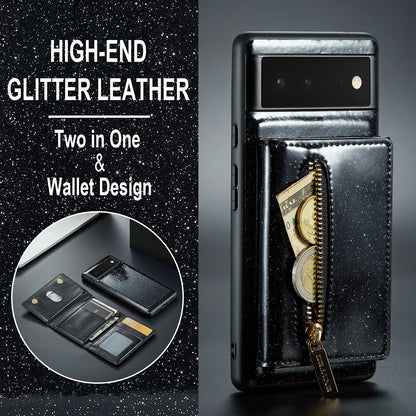 DG.MING M3 Series For Google Pixel 6a Glitter Bling Powder PU Leather Anti-scratch Magnetic Phone Cover PC+TPU Kickstand Zipper Pocket Wallet Smartphone Case