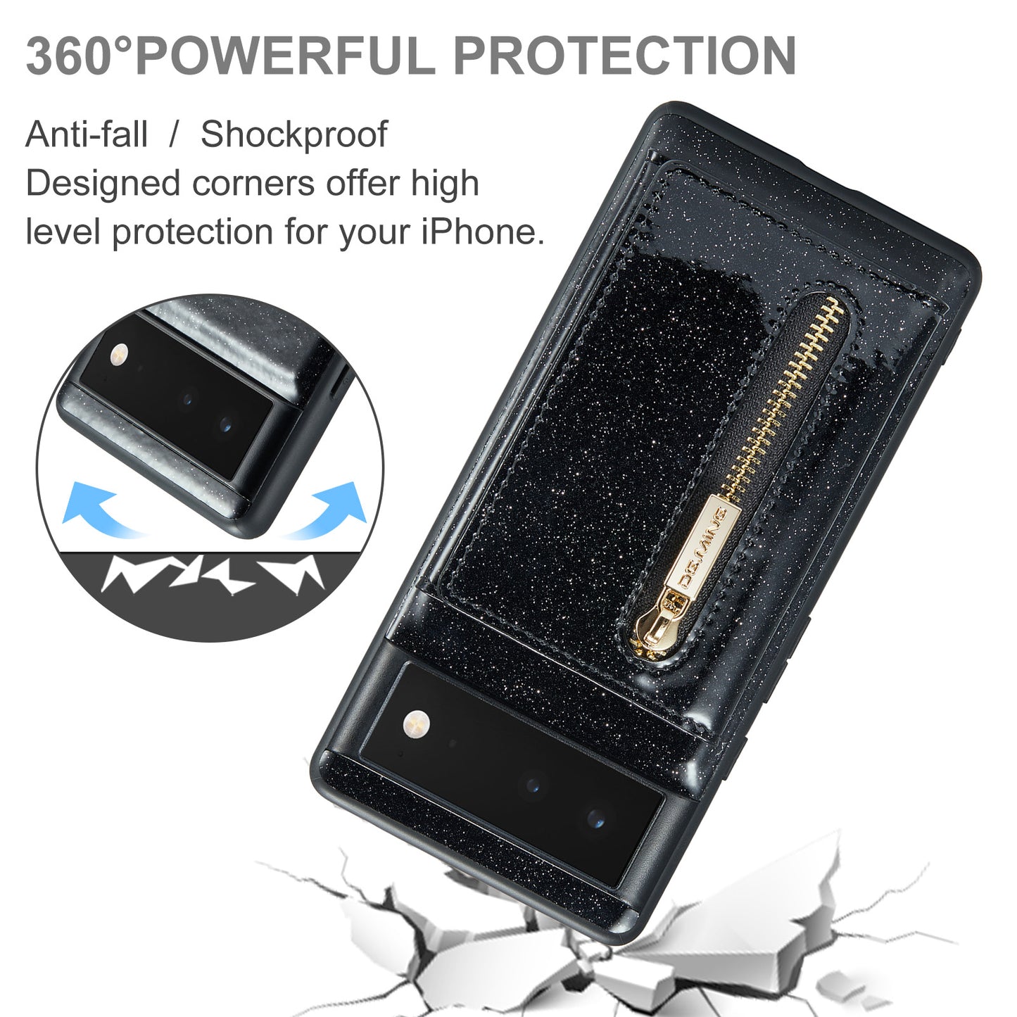 DG.MING M3 Series For Google Pixel 6a Glitter Bling Powder PU Leather Anti-scratch Magnetic Phone Cover PC+TPU Kickstand Zipper Pocket Wallet Smartphone Case