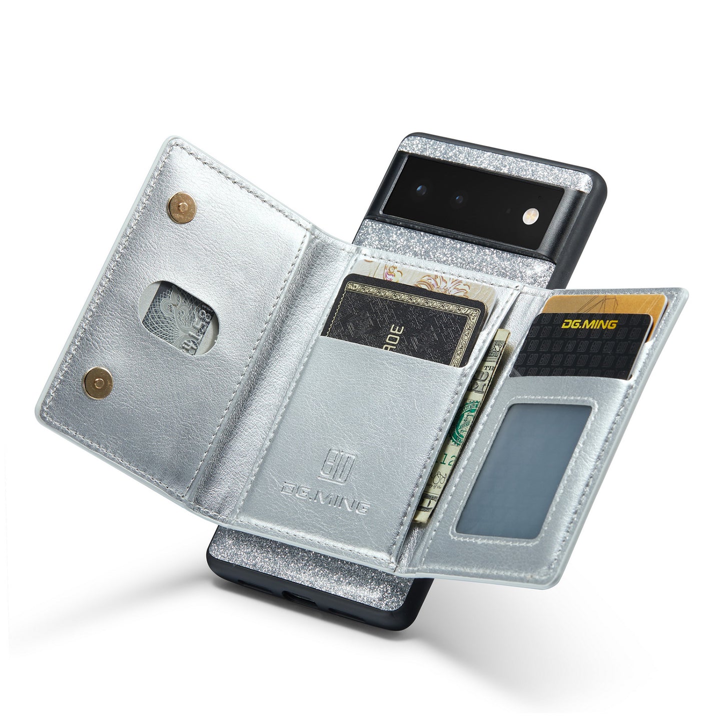 DG.MING M3 Series For Google Pixel 6a Glitter Bling Powder PU Leather Anti-scratch Magnetic Phone Cover PC+TPU Kickstand Zipper Pocket Wallet Smartphone Case