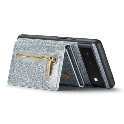 DG.MING M3 Series For Google Pixel 6a Glitter Bling Powder PU Leather Anti-scratch Magnetic Phone Cover PC+TPU Kickstand Zipper Pocket Wallet Smartphone Case