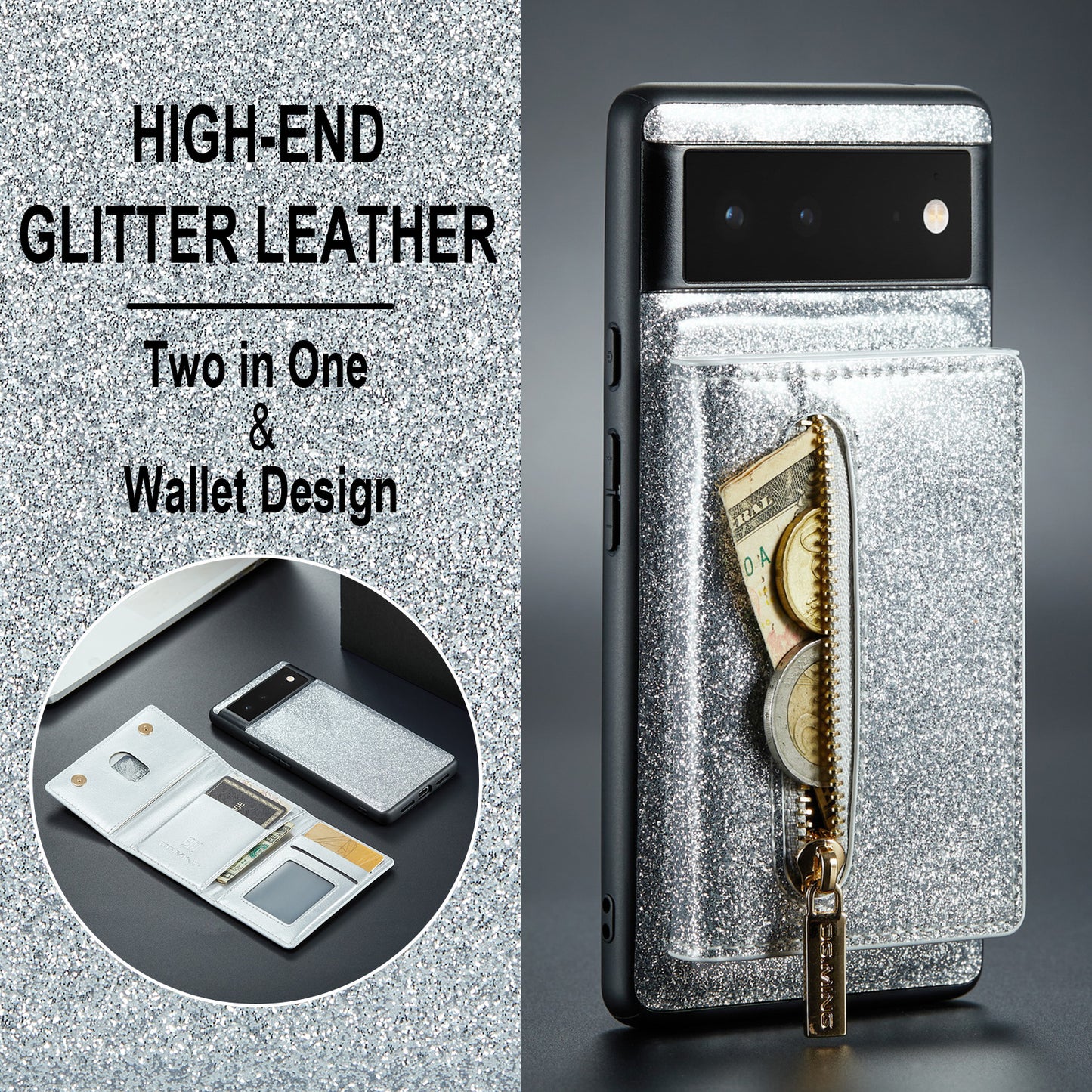 DG.MING M3 Series For Google Pixel 6a Glitter Bling Powder PU Leather Anti-scratch Magnetic Phone Cover PC+TPU Kickstand Zipper Pocket Wallet Smartphone Case