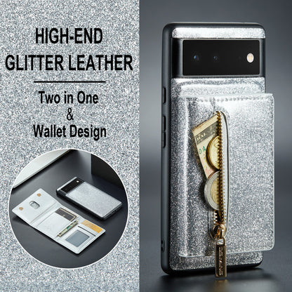 DG.MING M3 Series For Google Pixel 6a Glitter Bling Powder PU Leather Anti-scratch Magnetic Phone Cover PC+TPU Kickstand Zipper Pocket Wallet Smartphone Case