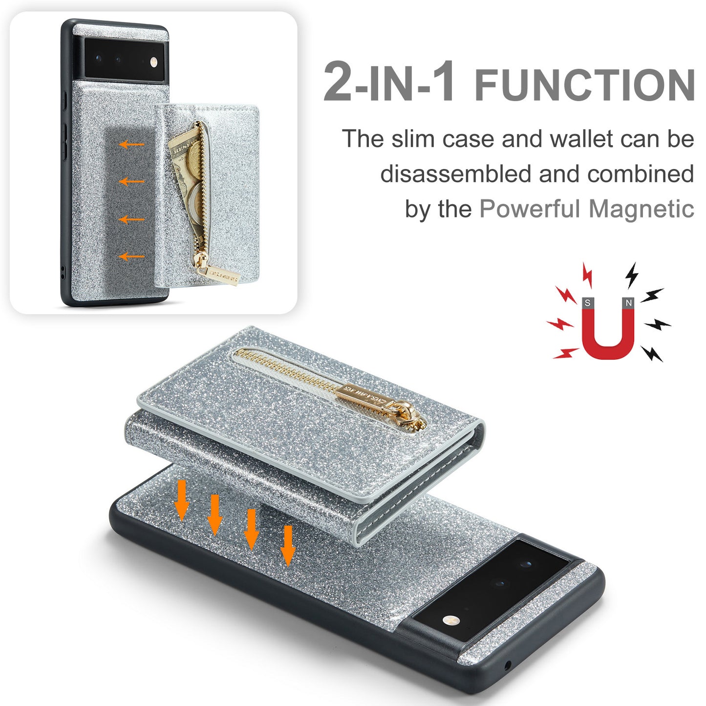 DG.MING M3 Series For Google Pixel 6a Glitter Bling Powder PU Leather Anti-scratch Magnetic Phone Cover PC+TPU Kickstand Zipper Pocket Wallet Smartphone Case