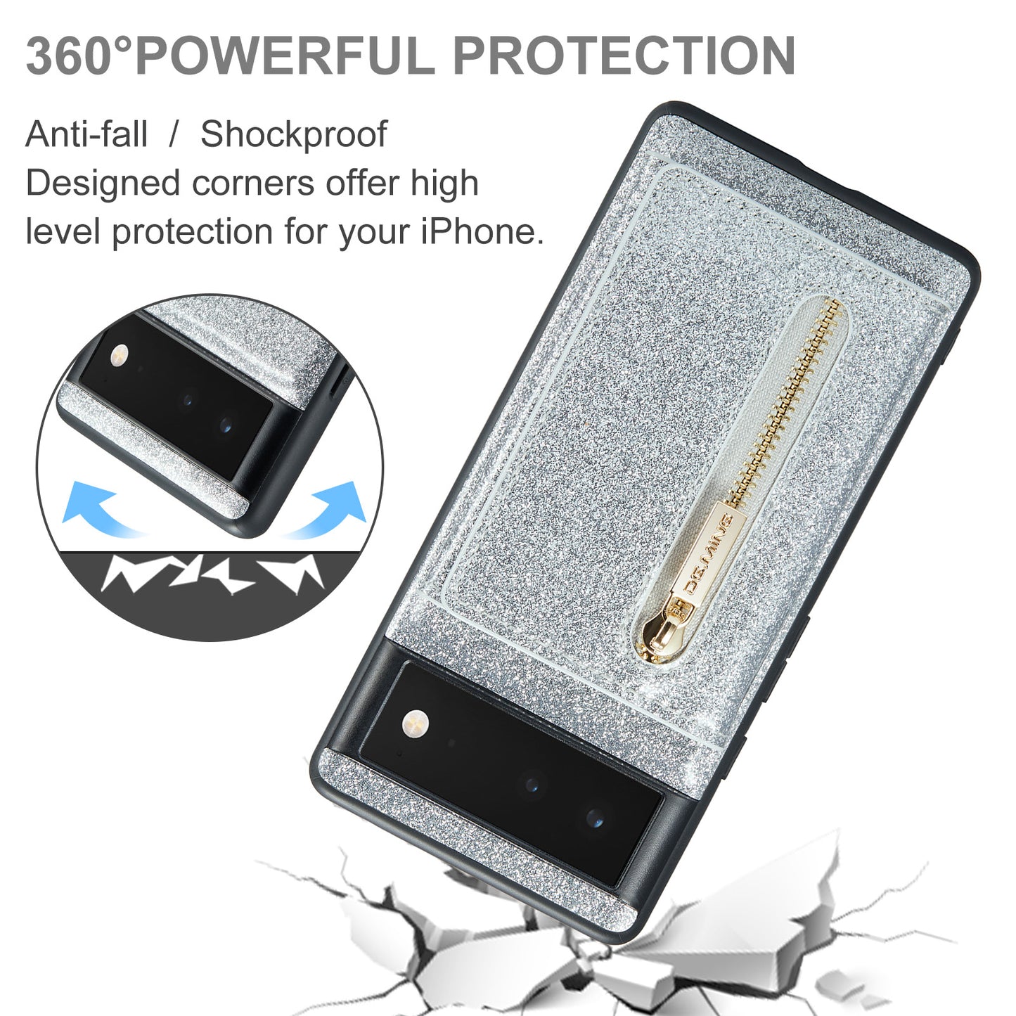 DG.MING M3 Series For Google Pixel 6a Glitter Bling Powder PU Leather Anti-scratch Magnetic Phone Cover PC+TPU Kickstand Zipper Pocket Wallet Smartphone Case