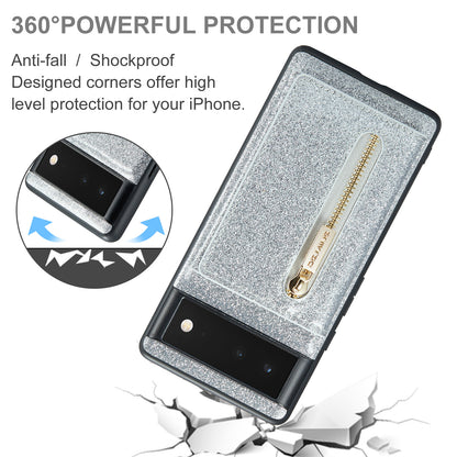 DG.MING M3 Series For Google Pixel 6a Glitter Bling Powder PU Leather Anti-scratch Magnetic Phone Cover PC+TPU Kickstand Zipper Pocket Wallet Smartphone Case