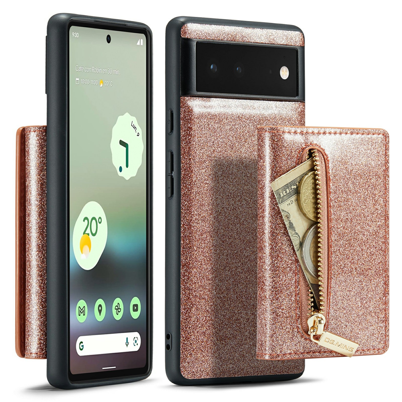 DG.MING M3 Series For Google Pixel 6a Glitter Bling Powder PU Leather Anti-scratch Magnetic Phone Cover PC+TPU Kickstand Zipper Pocket Wallet Smartphone Case