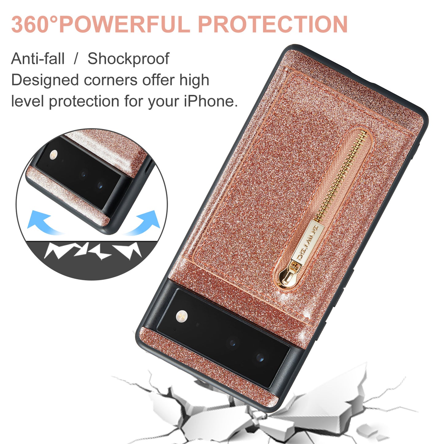 DG.MING M3 Series For Google Pixel 6a Glitter Bling Powder PU Leather Anti-scratch Magnetic Phone Cover PC+TPU Kickstand Zipper Pocket Wallet Smartphone Case