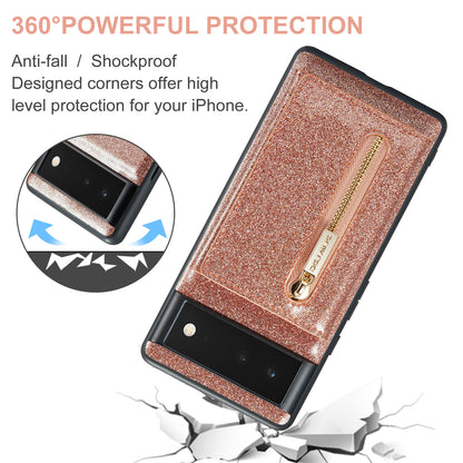 DG.MING M3 Series For Google Pixel 6a Glitter Bling Powder PU Leather Anti-scratch Magnetic Phone Cover PC+TPU Kickstand Zipper Pocket Wallet Smartphone Case