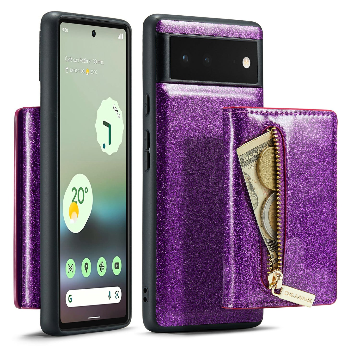 DG.MING M3 Series For Google Pixel 6a Glitter Bling Powder PU Leather Anti-scratch Magnetic Phone Cover PC+TPU Kickstand Zipper Pocket Wallet Smartphone Case