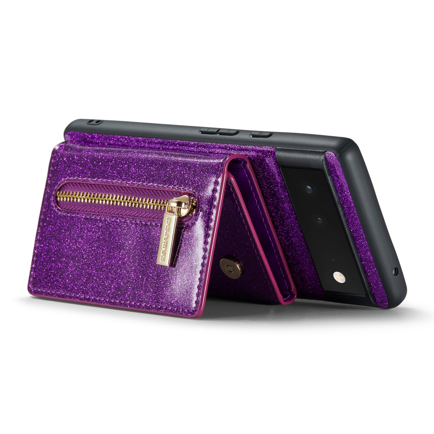 DG.MING M3 Series For Google Pixel 6a Glitter Bling Powder PU Leather Anti-scratch Magnetic Phone Cover PC+TPU Kickstand Zipper Pocket Wallet Smartphone Case
