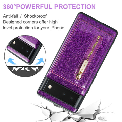 DG.MING M3 Series For Google Pixel 6a Glitter Bling Powder PU Leather Anti-scratch Magnetic Phone Cover PC+TPU Kickstand Zipper Pocket Wallet Smartphone Case