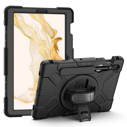 For Samsung Galaxy Tab S8 Kickstand PC + Silicone Hybrid Case Hand Strap Tablet Cover with Shoulder Strap
