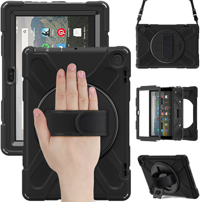 For Amazon Fire HD 8 (2022) Kickstand Tablet Case 360 Degree Rotation Hand Strap PC + Silicone Protective Cover with Shoulder Strap
