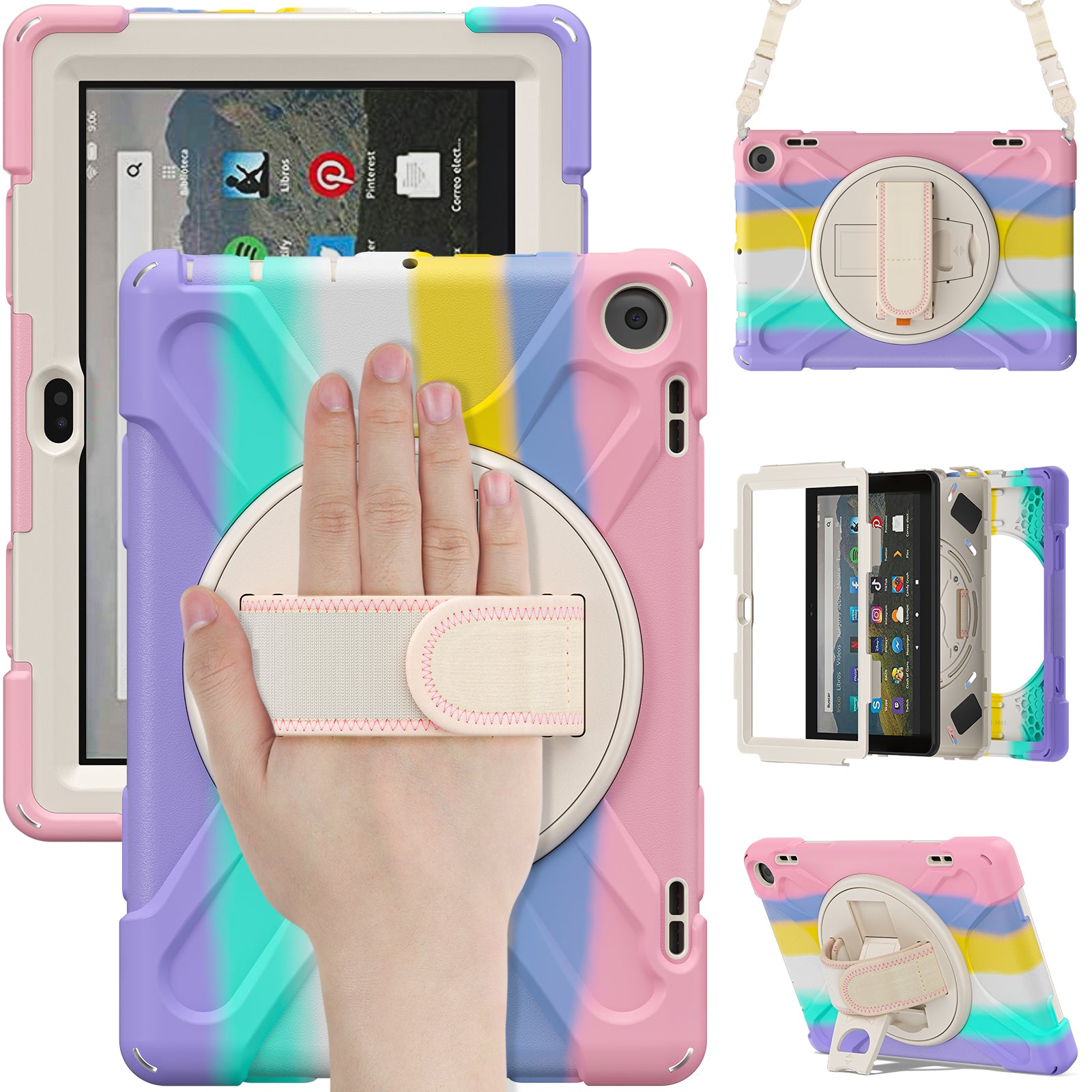 For Amazon Fire HD 8 (2022) Kickstand Tablet Case 360 Degree Rotation Hand Strap PC + Silicone Protective Cover with Shoulder Strap