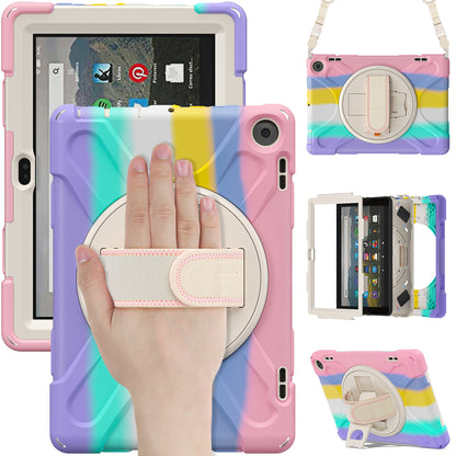 For Amazon Fire HD 8 (2022) Kickstand Tablet Case 360 Degree Rotation Hand Strap PC + Silicone Protective Cover with Shoulder Strap