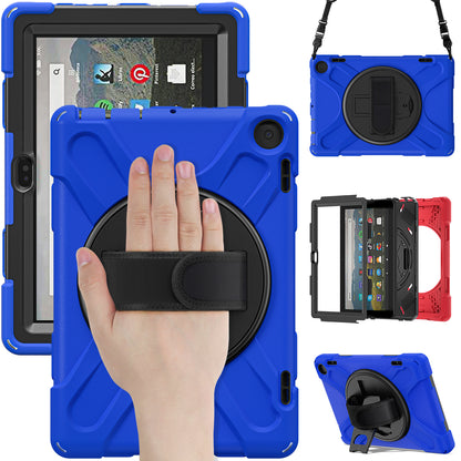 For Amazon Fire HD 8 (2022) Kickstand Tablet Case 360 Degree Rotation Hand Strap PC + Silicone Protective Cover with Shoulder Strap