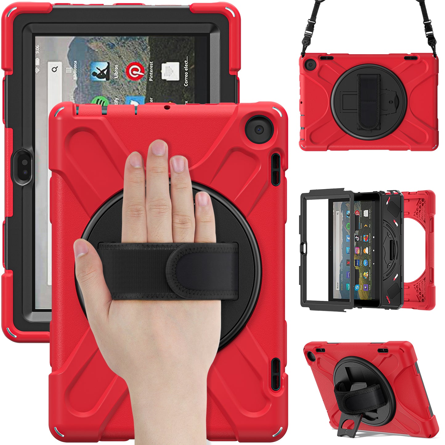 For Amazon Fire HD 8 (2022) Kickstand Tablet Case 360 Degree Rotation Hand Strap PC + Silicone Protective Cover with Shoulder Strap