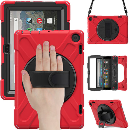 For Amazon Fire HD 8 (2022) Kickstand Tablet Case 360 Degree Rotation Hand Strap PC + Silicone Protective Cover with Shoulder Strap