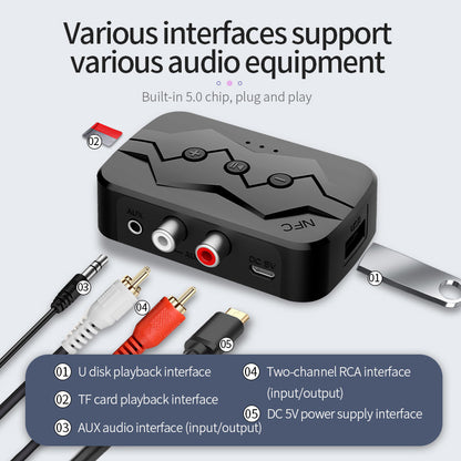 M23 NFC 2-in-1 Bluetooth 5.0 Receiver Transmitter RCA AUX Audio Adapter Support U-disk TF Card