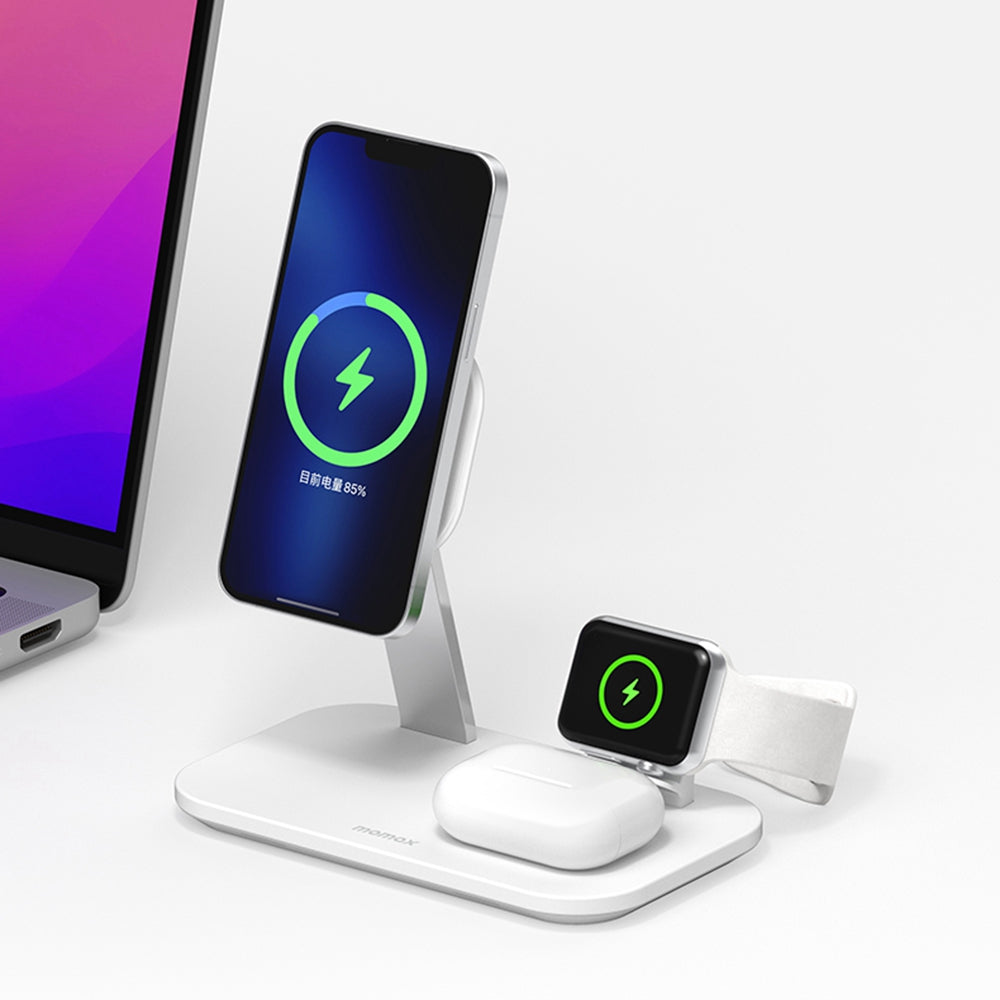 MOMAX Q.Mag Pro 3 UD26W 3-in-1 Magnetic Wireless Charger Desk Charging Stand for iPhone iWatch AirPods Charging Dock with MFM+MFW Certification