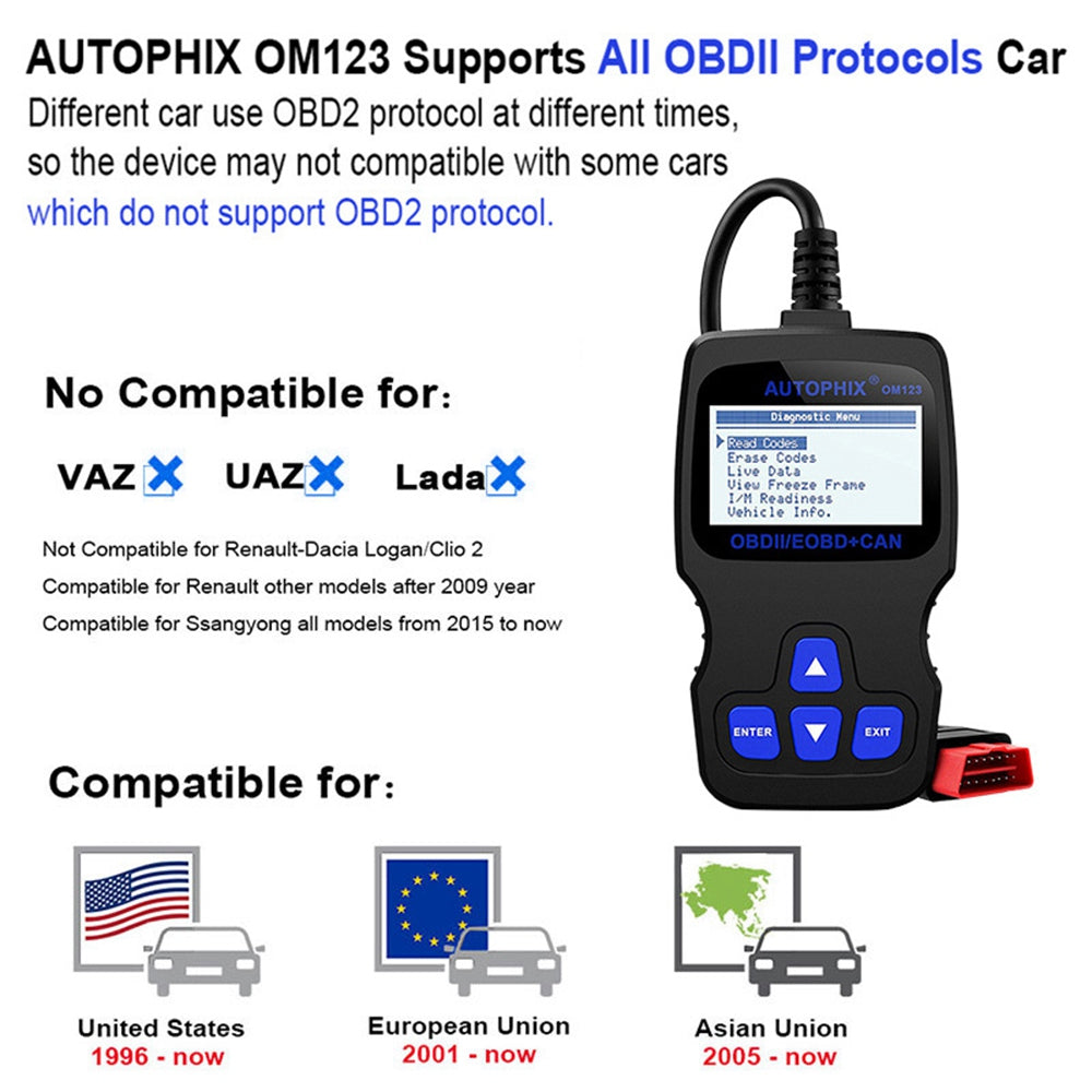 AUTOPHIX OM123 Portable OBD2 Scanner Car Diagnostic Tool Automotive Scanner EOBD Code Reader