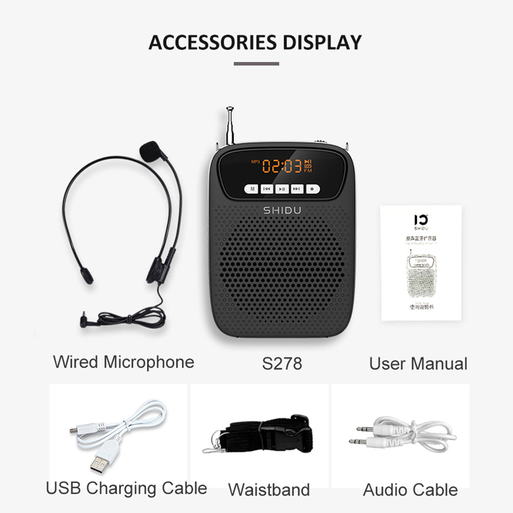 SHIDU S278 15W Portable Voice Amplifier Wired Microphone FM Radio AUX Audio Recording Bluetooth Speaker for Teachers Instructor