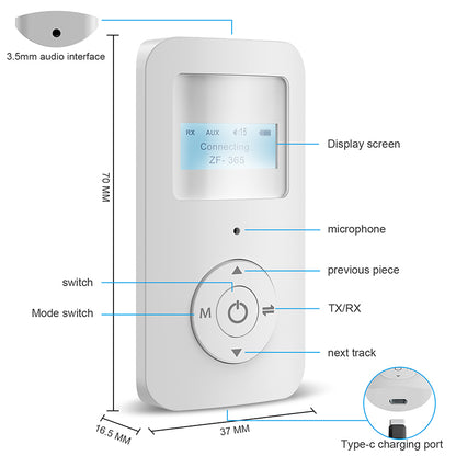 ZF365 2 in 1 Bluetooth 5.0 Wireless Receiver Transmitter 3.5mm HiFi AUX Audio Adapter
