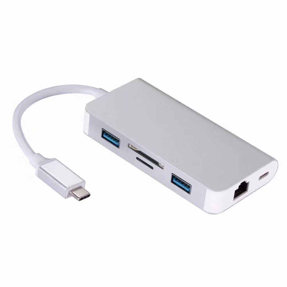 CY UC-089 6-in-1 USB-C Type-C to RJ45 + USB3.0*2 Ports Hub + TF/SD Card Reader + Type-C Charger Multiport Adapter