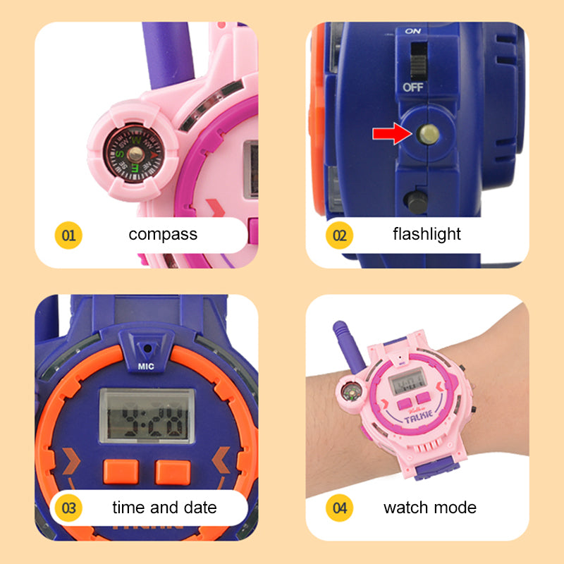 060 2PCS Kid&#39;s Walkie Talkie Mini Watch 200m Long Wireless Range Hands-free Talking Flashlight Compass Function Toys Children Birthday Gift (Rechargeable Design)