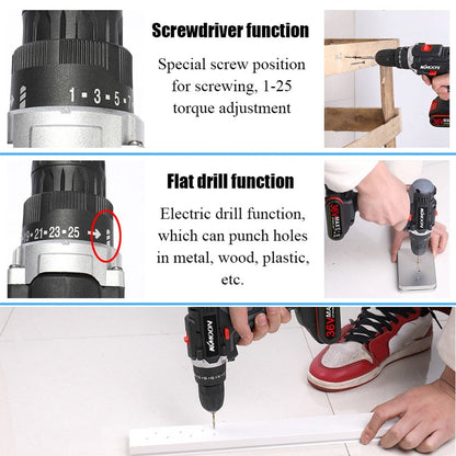 EU Plug 36V Multi-functional Electric Cordless Drill High-power Lithium Battery Wireless Rechargeable Hand Drills Brush Motor Home DIY Electric Power Tools