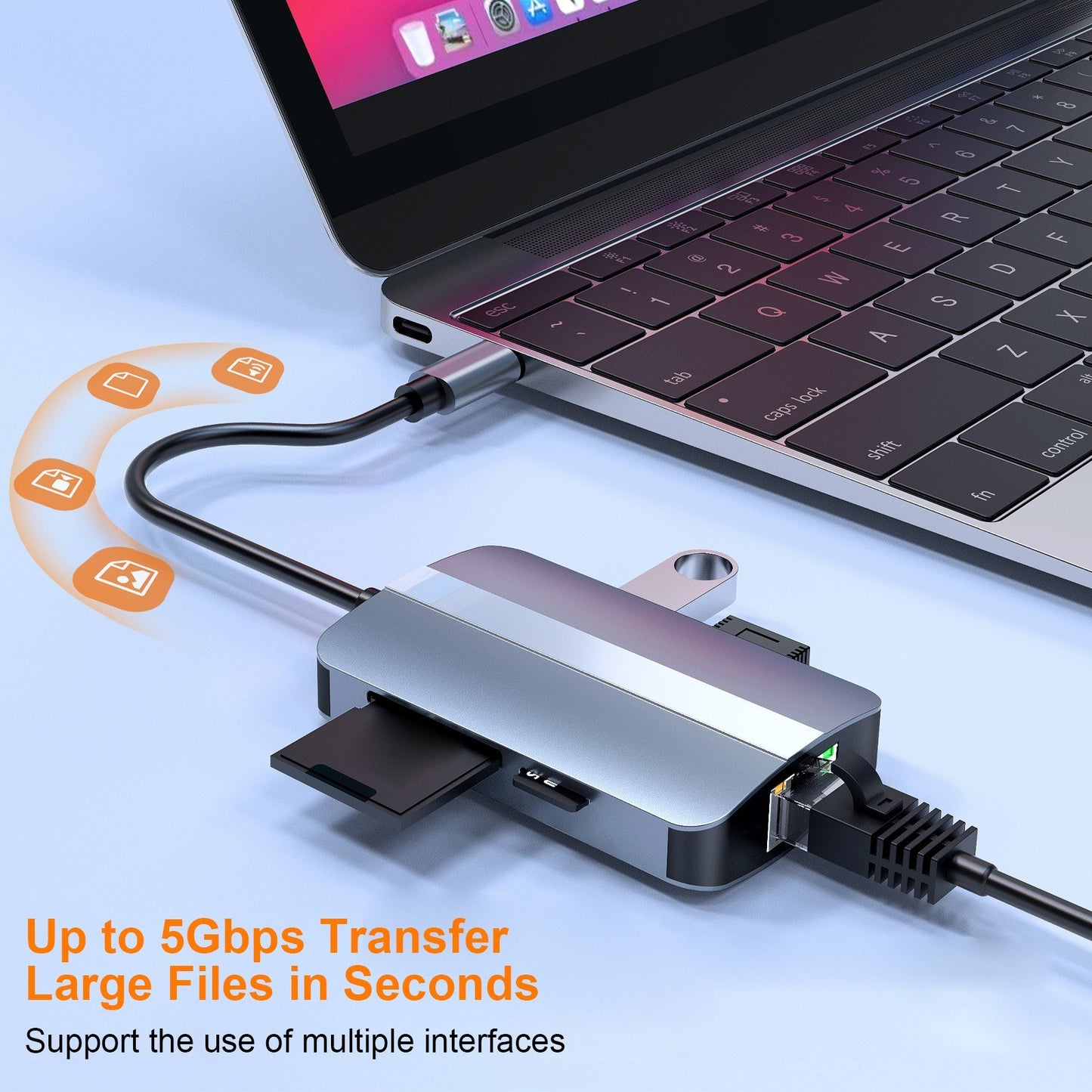 5-in-1 Portable USB C Hub Adapter Multi-port Type-C Docking Station with Memory/TF Card Reader/RJ45 Ethernet/USB 3.0/USB 2.0 for MacBook MateBook HUAWEI Samsung